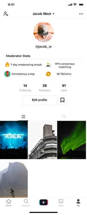 A image of a profile page on Tik Tok where a new section called moderator stats has been added showing the users moderation streak, consensus matching, and the consistency is key bage.