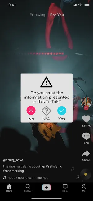 A image of tiktok with a pop up asking if the user trusts the information presented.