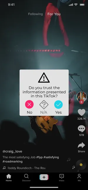 A tiktok screen with a pop up asking if the user trusts the information presented.