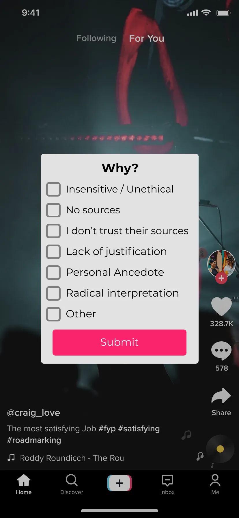 A image of TikTok with a popup up showing a list of reasons to not trust a tiktok