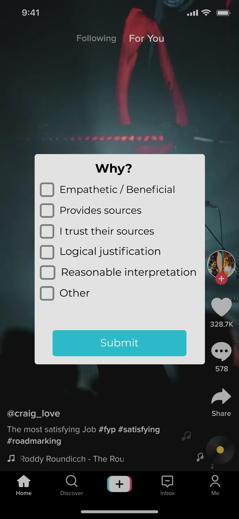 A image of TikTok with a popup showing a list of reasons to trust a tiktok