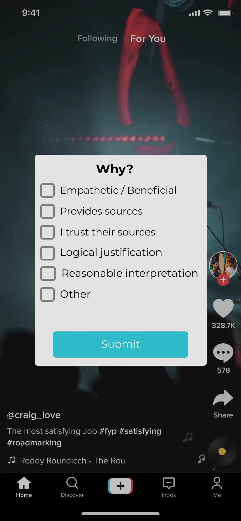 A TikTok screen with a popup showing a list of reasons to trust a tiktok