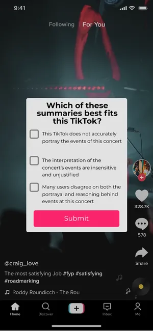 A background image of TikTok with a pop up asking the user to select between 3 summaries.