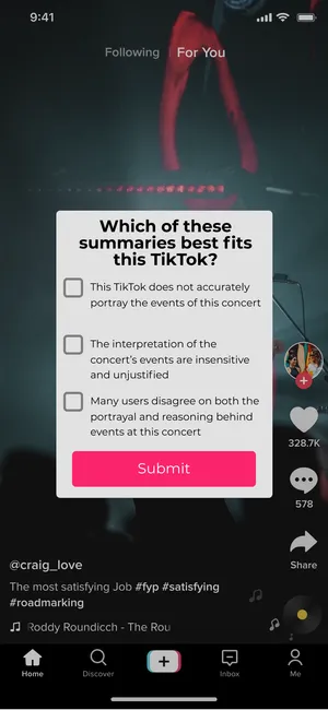 A Tiktok screen with a pop up asking the user to select between 3 summaries.